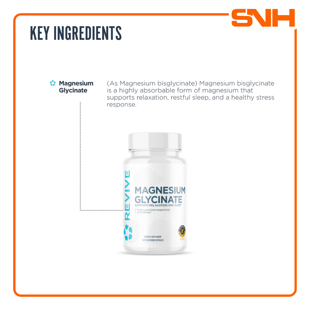 Revive Magnesium Glycinate supplement bottle, US-made Informed-Sport certified magnesium glycinate capsules with 200mg elemental magnesium