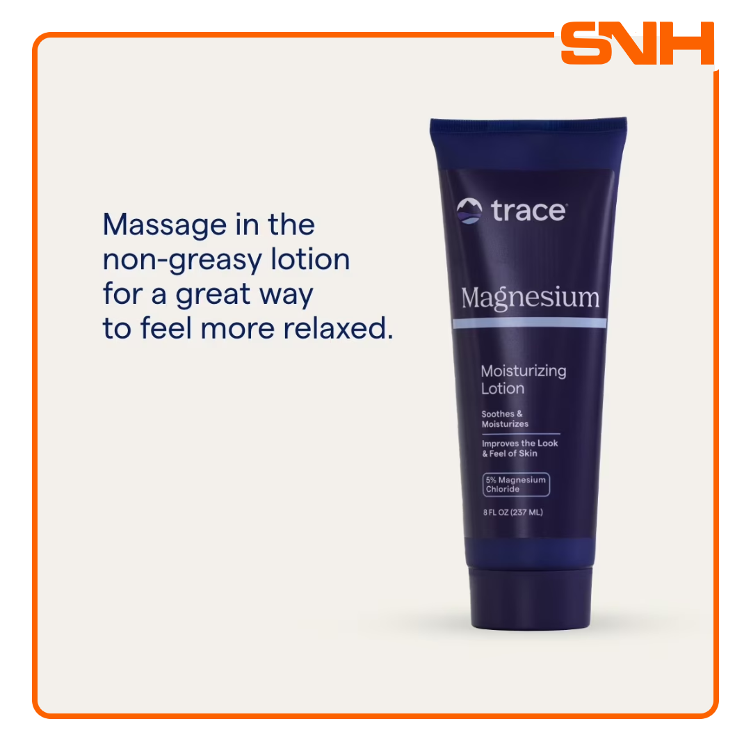 Trace Magnesium Moisturizing Lotion bottle, US-made non-greasy topical magnesium chloride lotion for skin and muscle relaxation