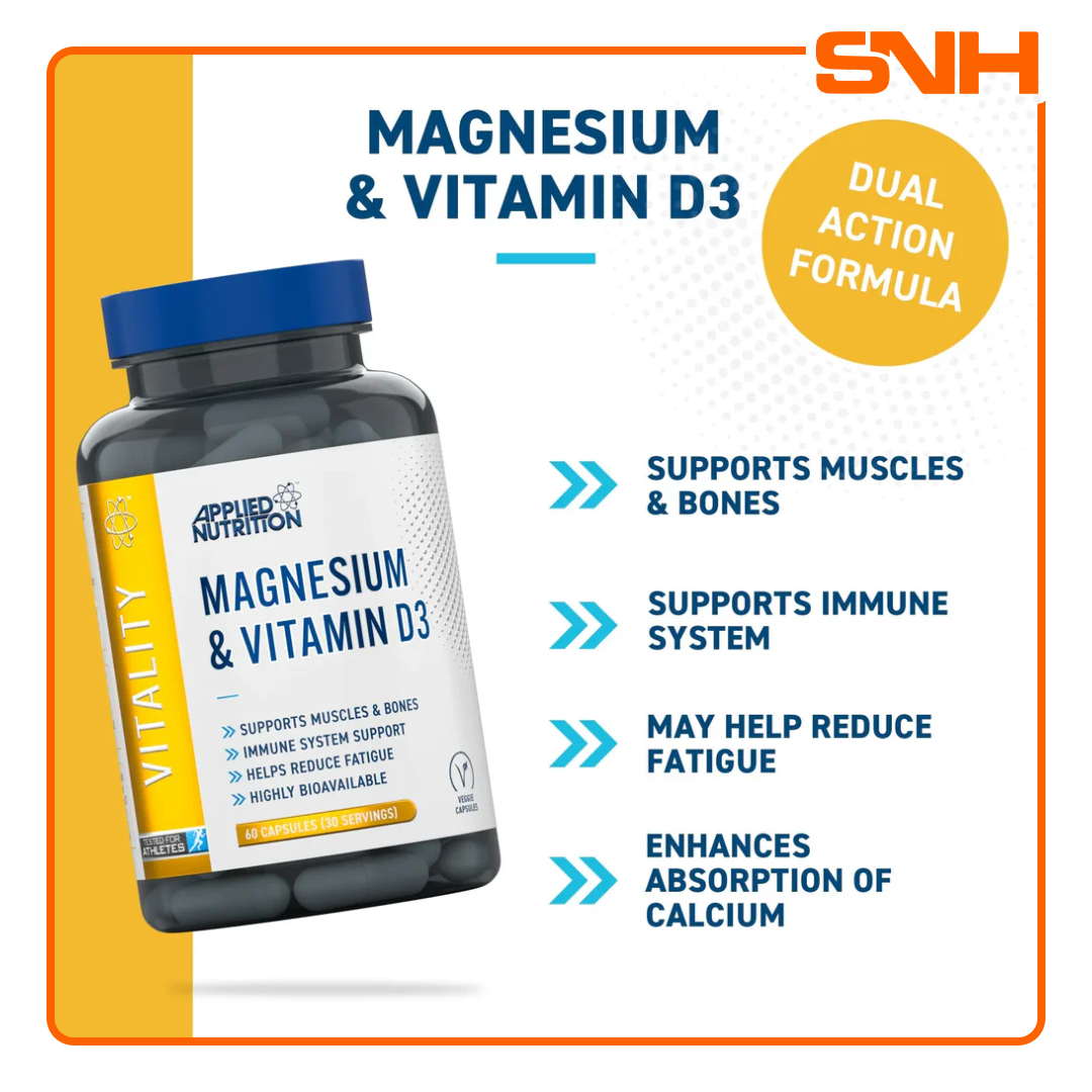 Applied Nutrition Magnesium & Vitamin D3 capsules bottle, UK-made halal magnesium supplement with 280mg magnesium and 200 IU D3 per serving