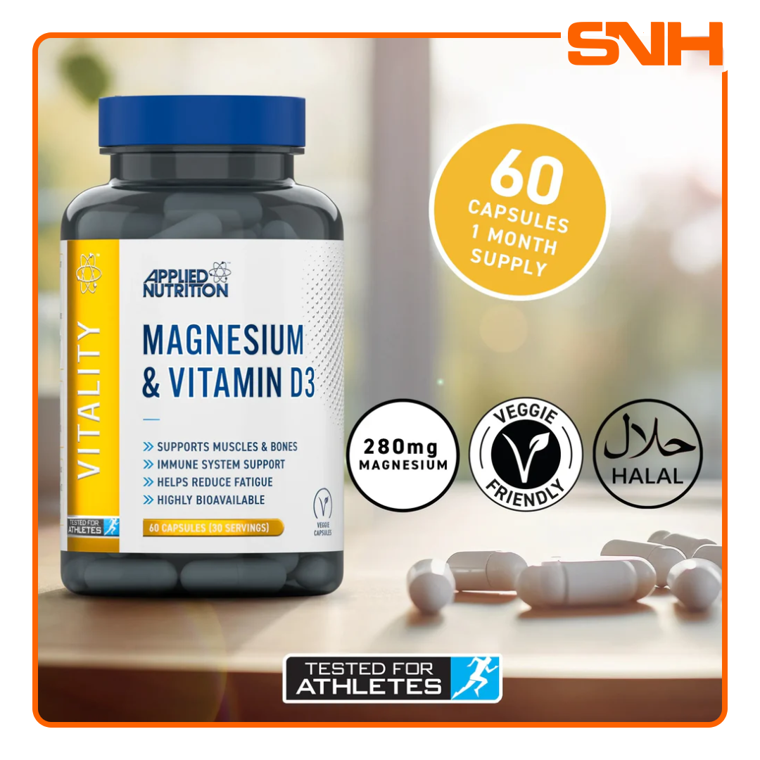 Applied Nutrition Magnesium & Vitamin D3 capsules bottle, UK-made halal magnesium supplement with 280mg magnesium and 200 IU D3 per serving
