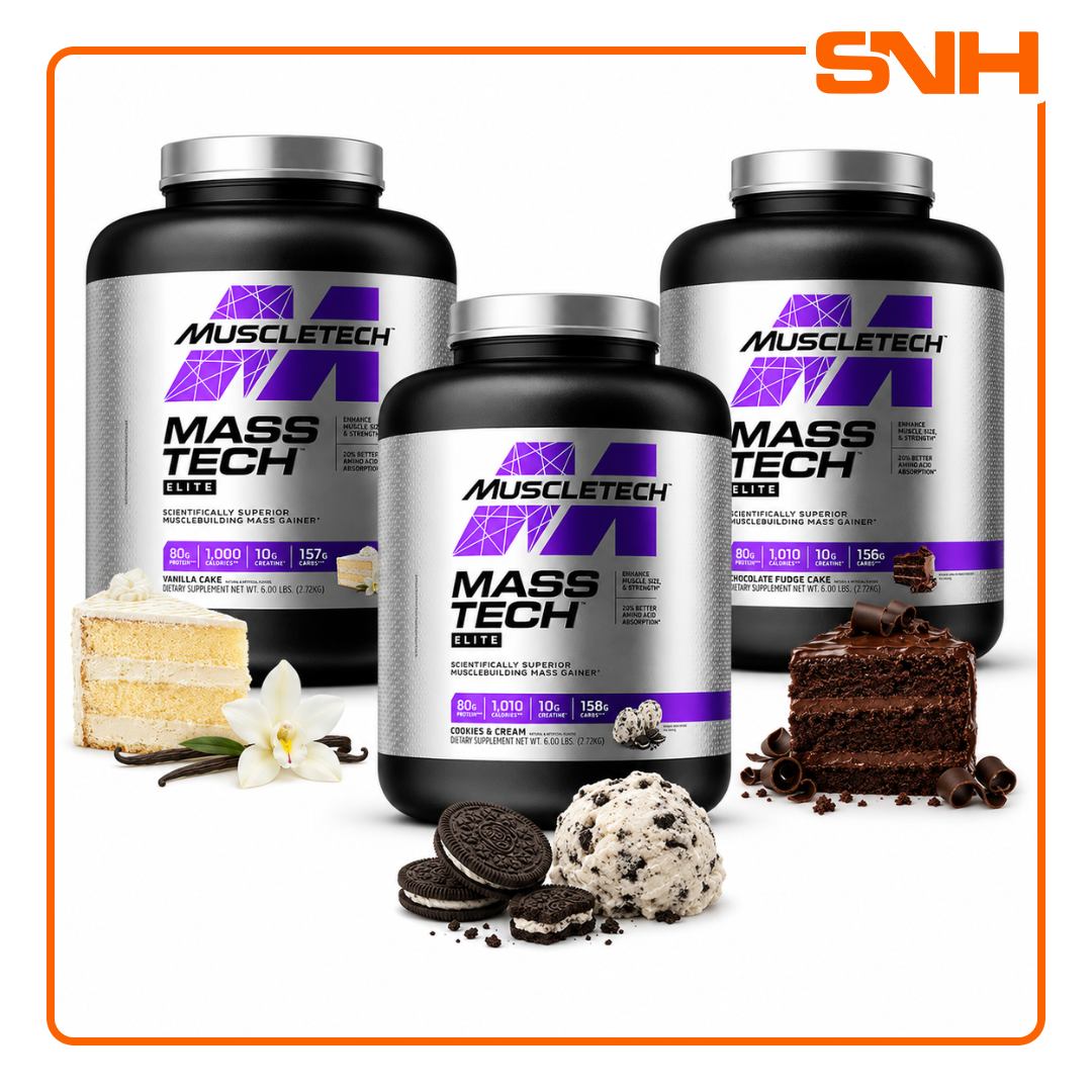MuscleTech Mass-Tech Elite 6lb tub, US-made high-calorie mass gainer with 80g protein and 10g creatine per serving for serious bulking