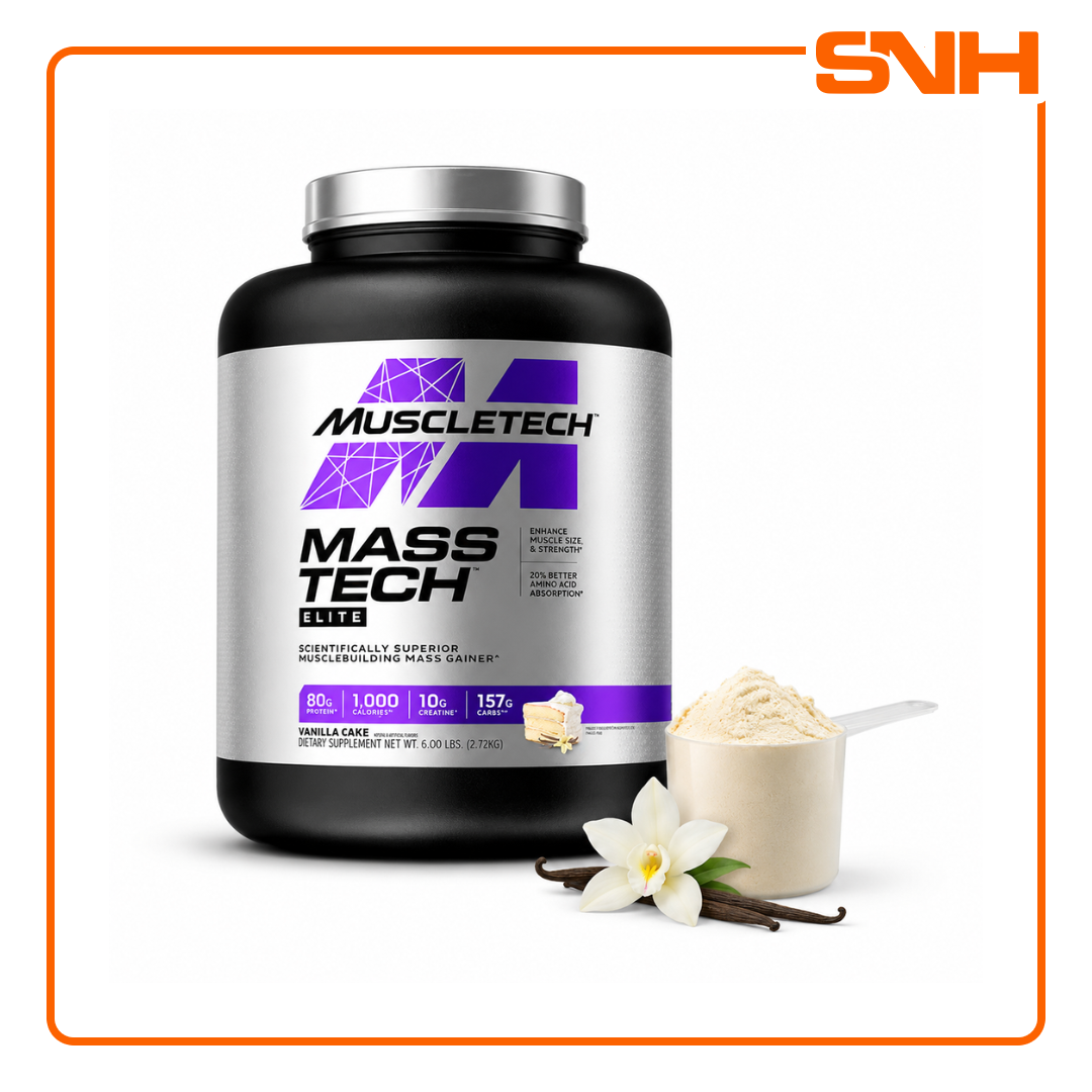 MuscleTech Mass-Tech Elite 6lb tub, US-made high-calorie mass gainer with 80g protein and 10g creatine per serving for serious bulking