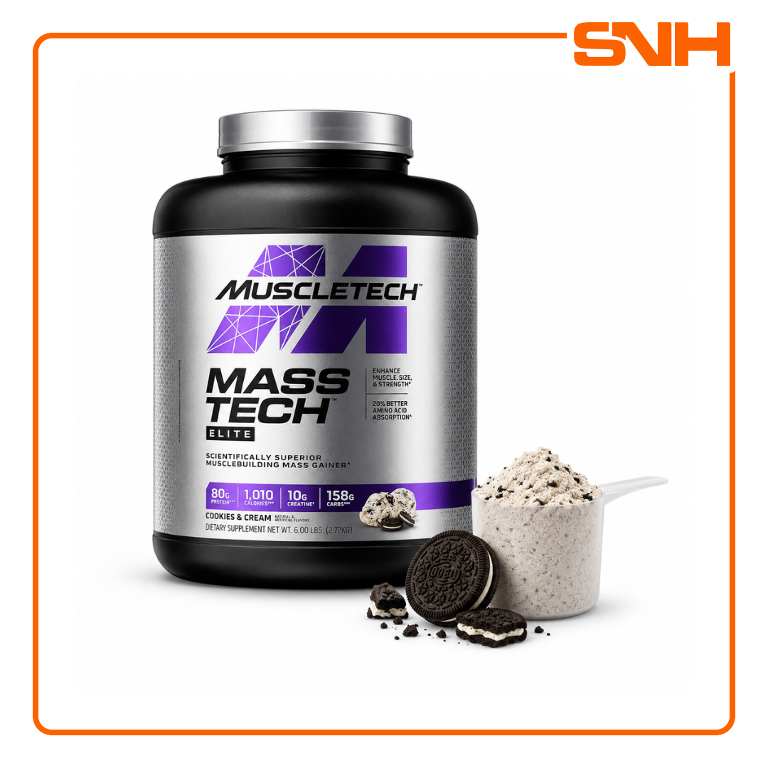 MuscleTech Mass-Tech Elite 6lb tub, US-made high-calorie mass gainer with 80g protein and 10g creatine per serving for serious bulking