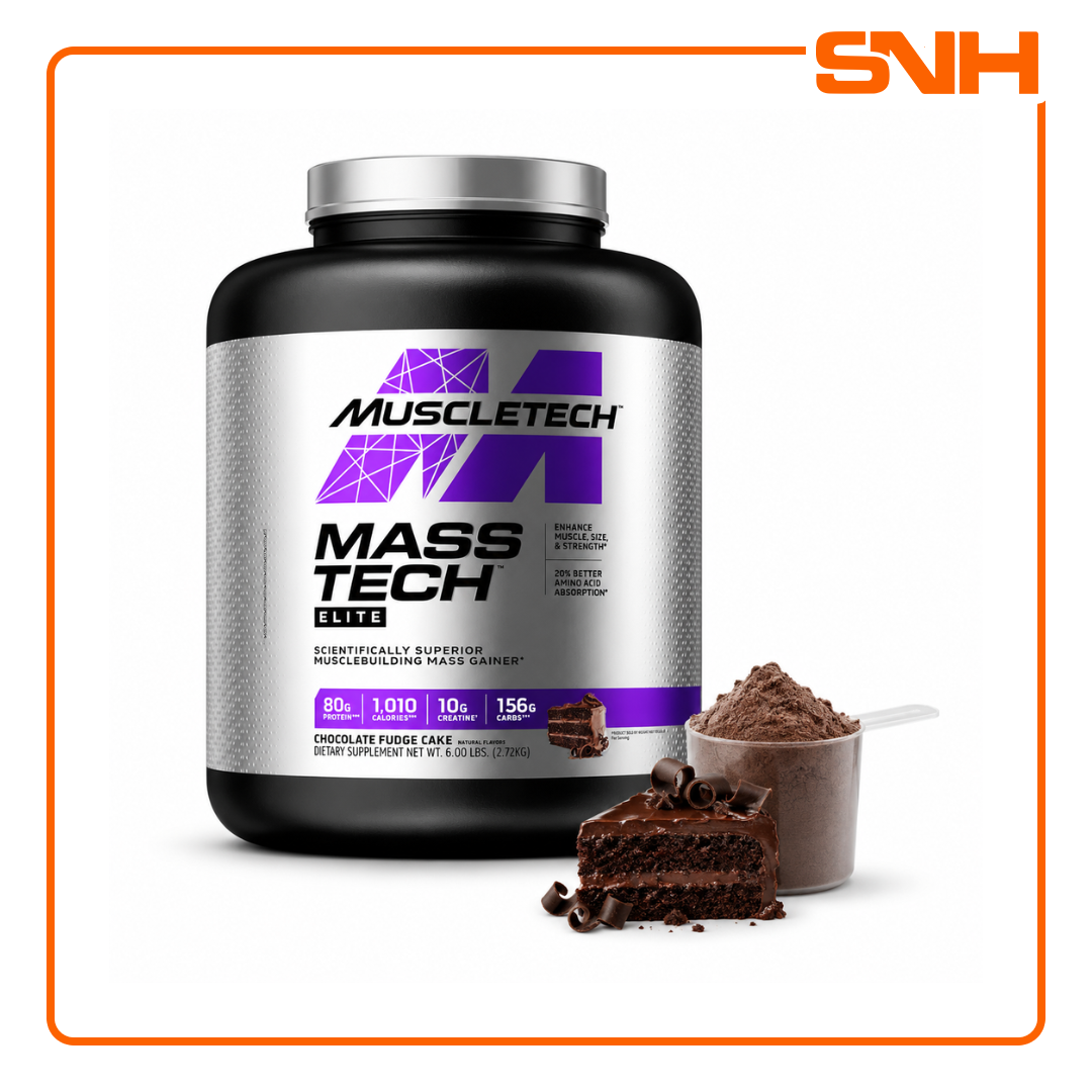 MuscleTech Mass-Tech Elite 6lb tub, US-made high-calorie mass gainer with 80g protein and 10g creatine per serving for serious bulking