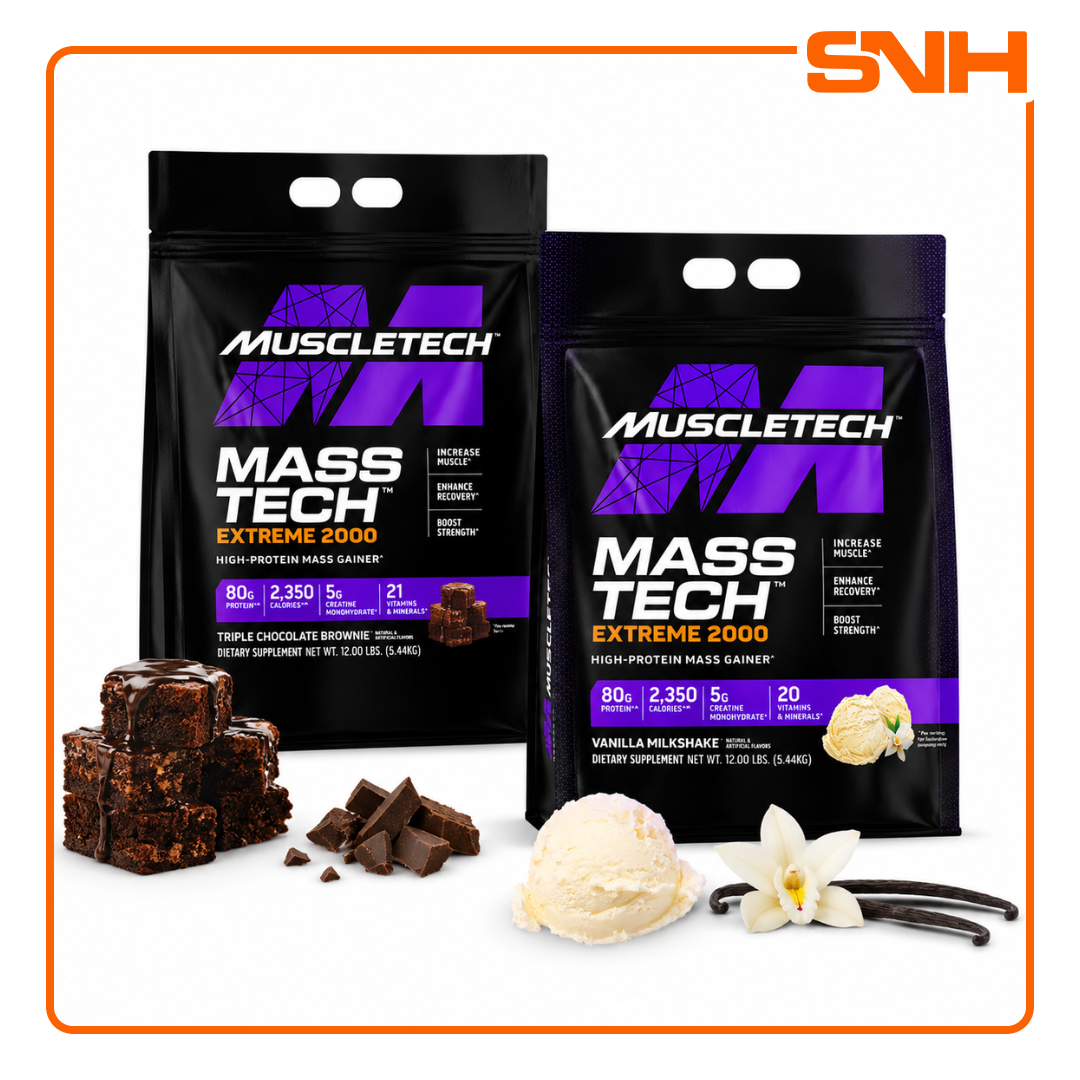 MuscleTech Mass-Tech Extreme 2000 12lb tub, US-made bulk maximum-calorie mass gainer with 2,000+ calories and 80g whey protein per serving