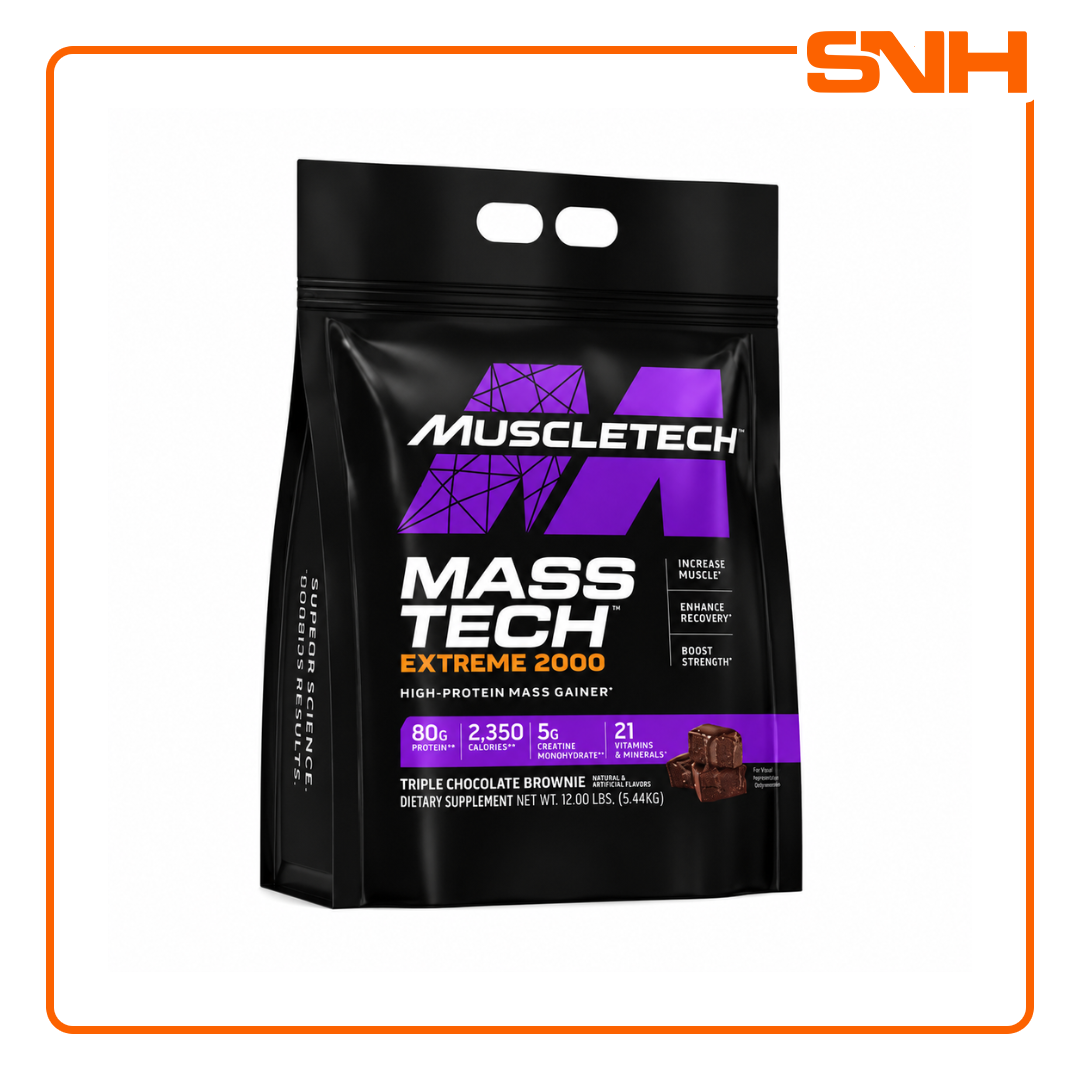MuscleTech Mass-Tech Extreme 2000 12lb tub, US-made bulk maximum-calorie mass gainer with 2,000+ calories and 80g whey protein per serving