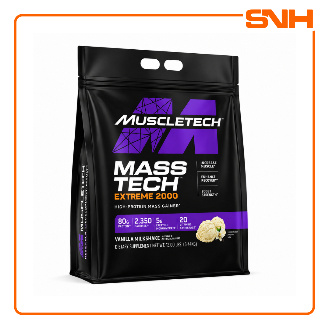 MuscleTech Mass-Tech Extreme 2000 12lb tub, US-made bulk maximum-calorie mass gainer with 2,000+ calories and 80g whey protein per serving
