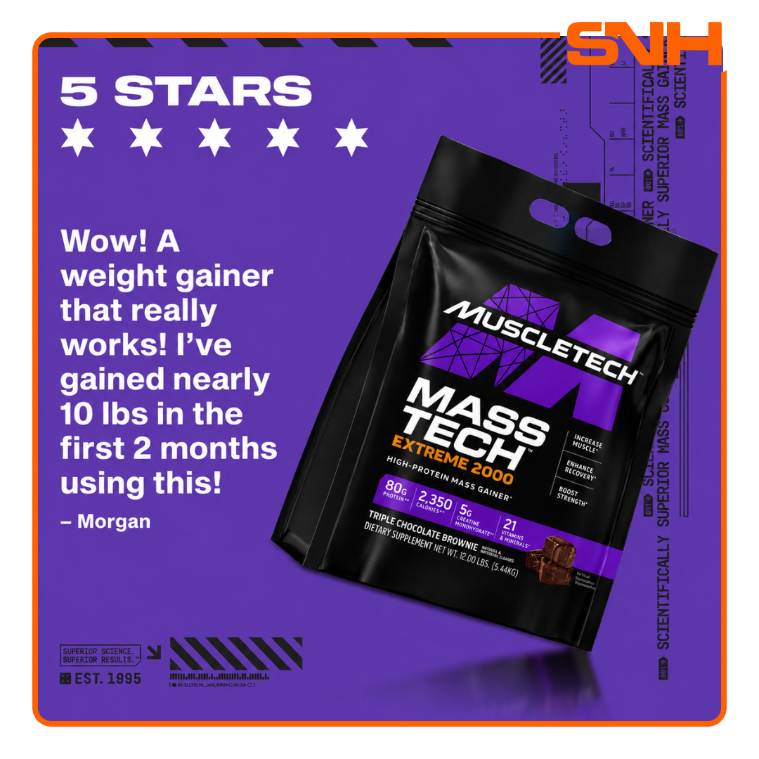 MuscleTech Mass-Tech Extreme 2000 12lb tub, US-made bulk maximum-calorie mass gainer with 2,000+ calories and 80g whey protein per serving