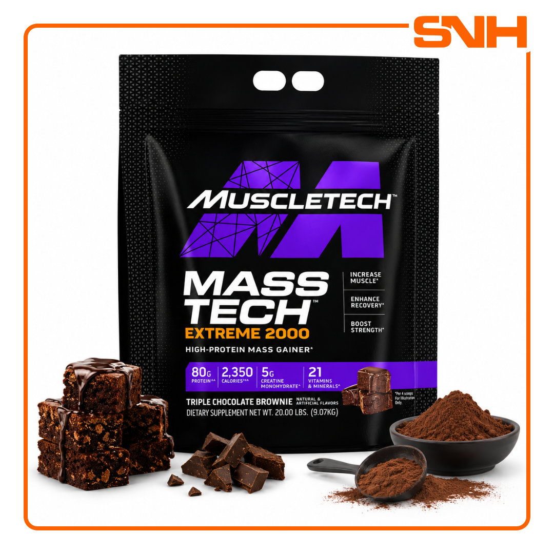 MuscleTech Mass-Tech Extreme 2000 20lb tub, US-made bulk maximum-calorie mass gainer with 2,000+ calories and 80g whey protein per serving