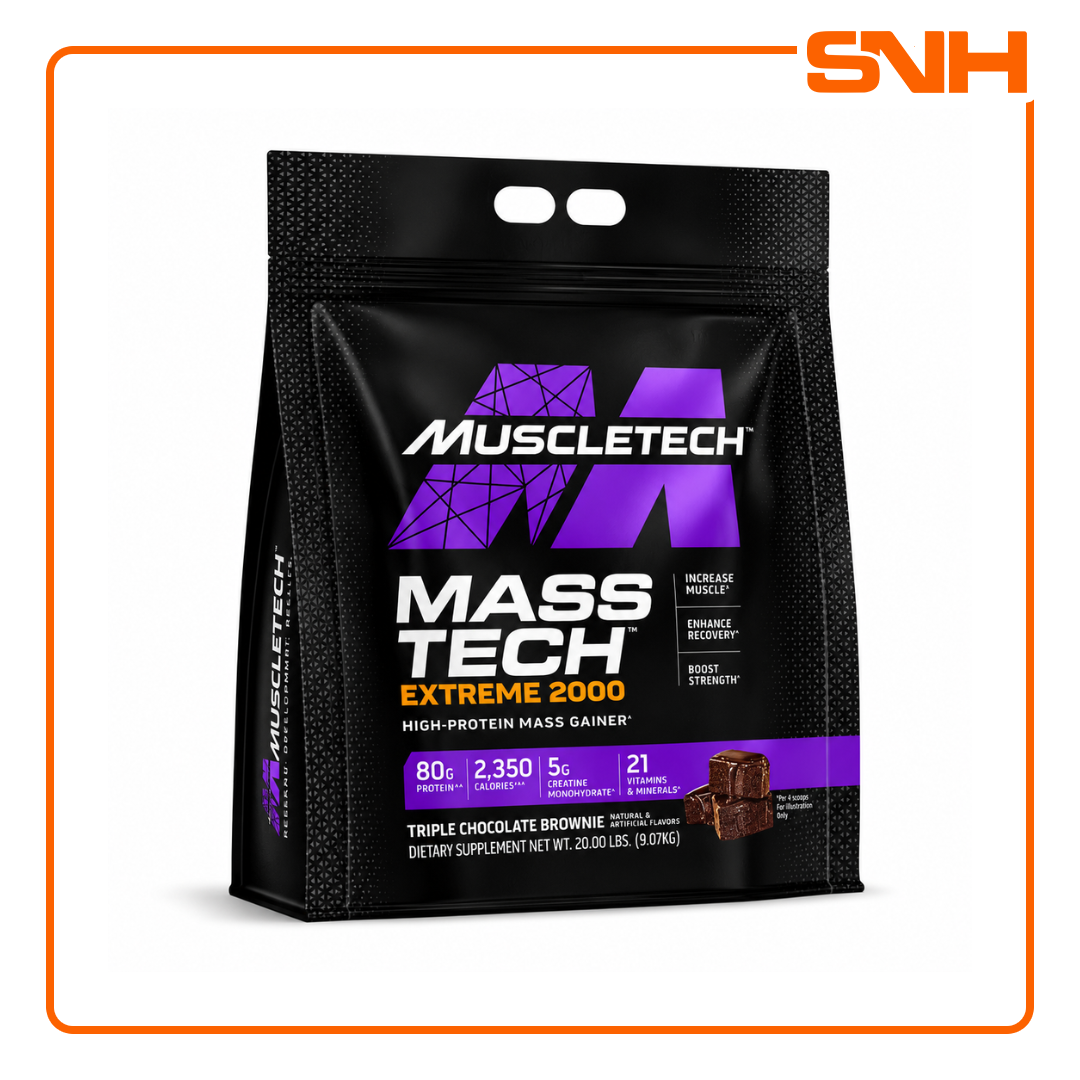 MuscleTech Mass-Tech Extreme 2000 20lb tub, US-made bulk maximum-calorie mass gainer with 2,000+ calories and 80g whey protein per serving