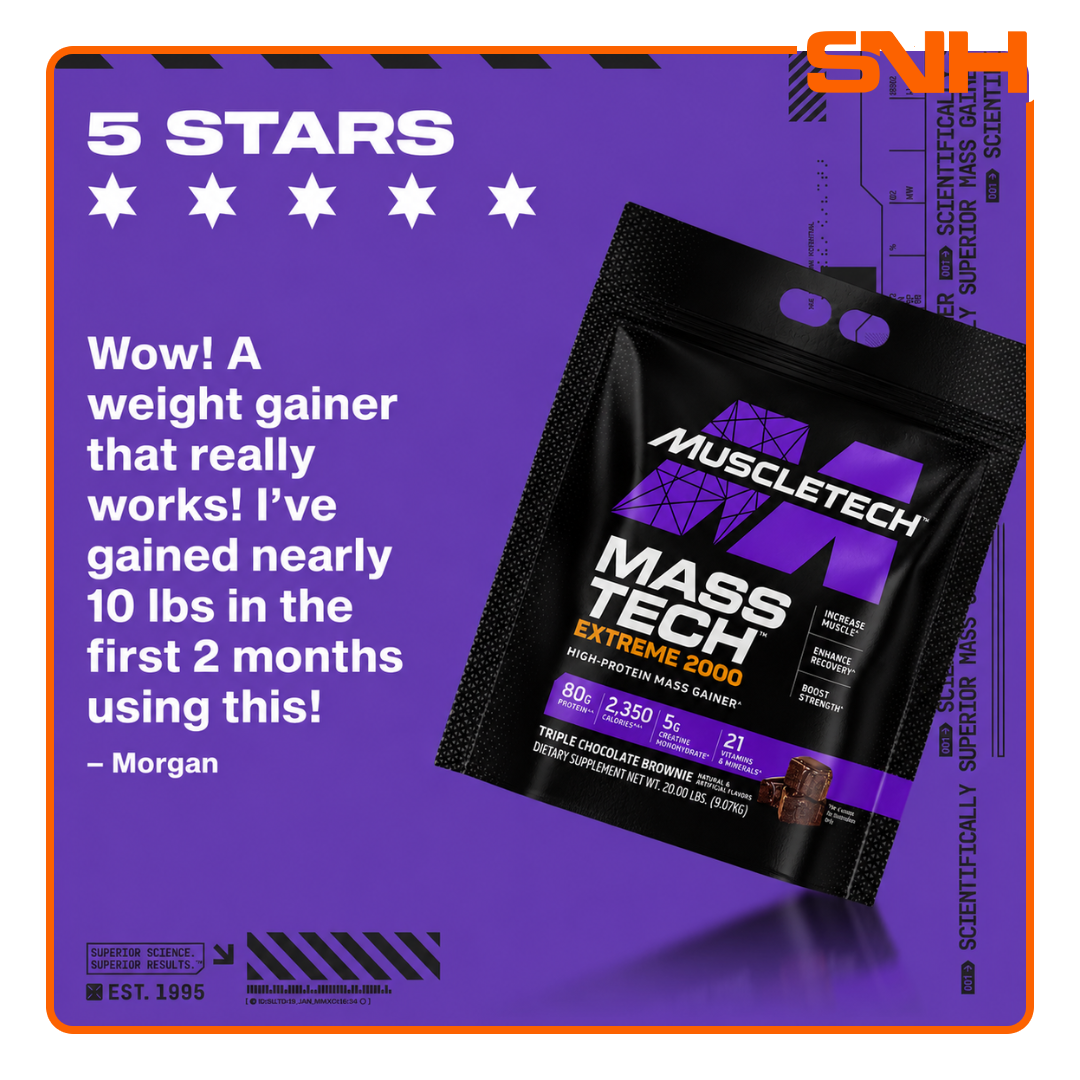 MuscleTech Mass-Tech Extreme 2000 20lb tub, US-made bulk maximum-calorie mass gainer with 2,000+ calories and 80g whey protein per serving
