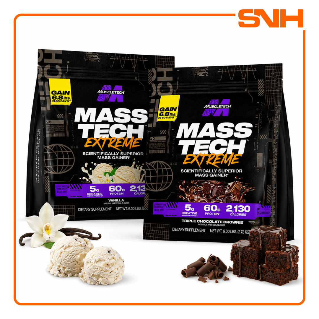 MuscleTech Mass-Tech Extreme 2000 6lb tub, US-made maximum-calorie mass gainer with 2,000+ calories and 80g whey protein per serving
