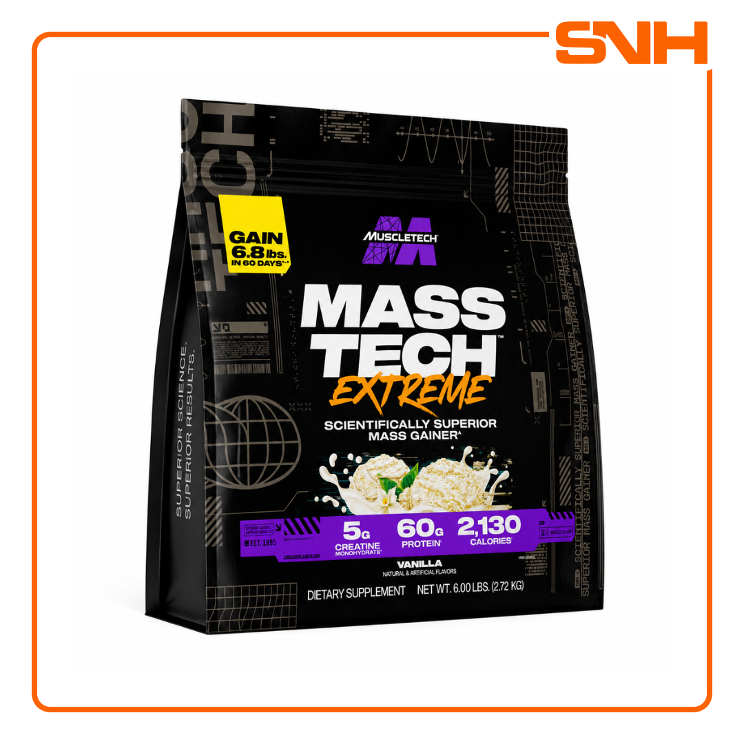 MuscleTech Mass-Tech Extreme 2000 6lb tub, US-made maximum-calorie mass gainer with 2,000+ calories and 80g whey protein per serving