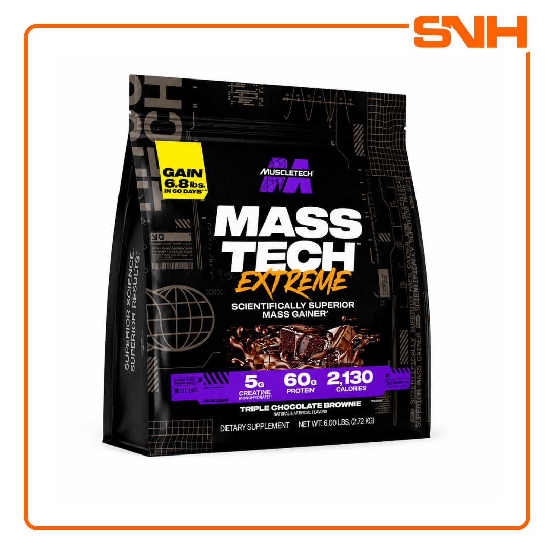MuscleTech Mass-Tech Extreme 2000 6lb tub, US-made maximum-calorie mass gainer with 2,000+ calories and 80g whey protein per serving