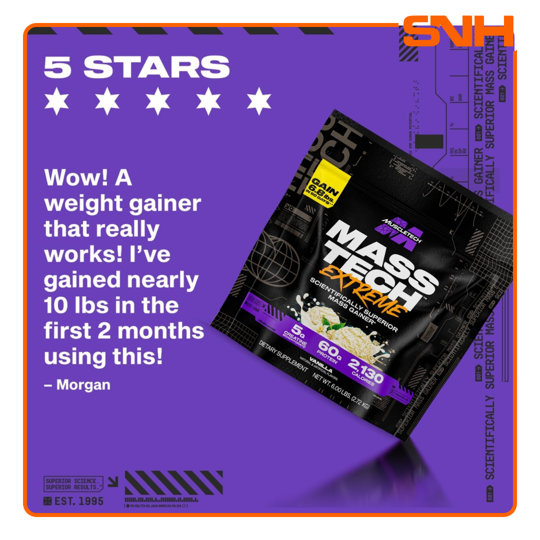 MuscleTech Mass-Tech Extreme 2000 6lb tub, US-made maximum-calorie mass gainer with 2,000+ calories and 80g whey protein per serving