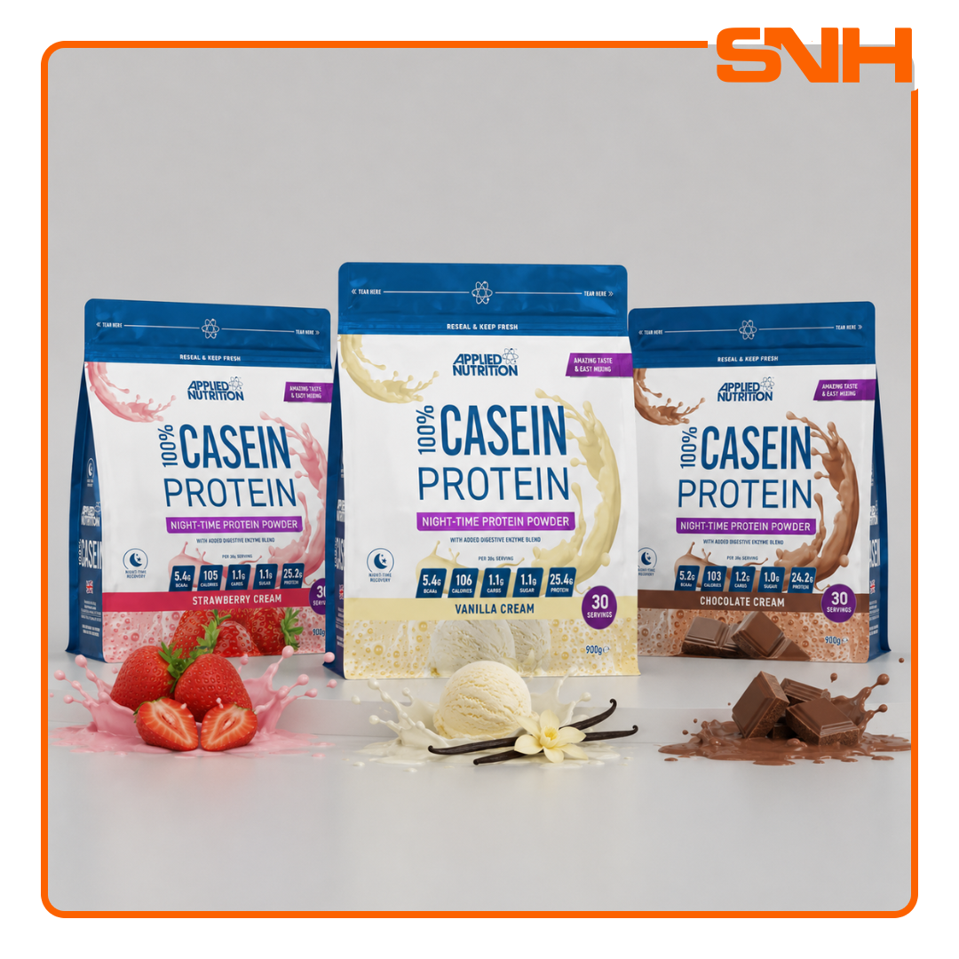 Applied Nutrition Micellar Casein Protein tub, UK-made halal slow-release recovery protein with 4.3g glutamine per serving for overnight muscle support