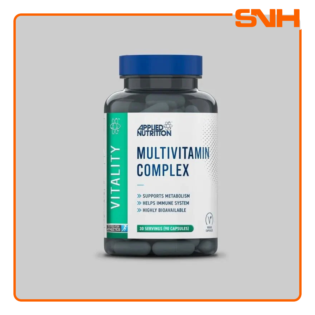 Applied Nutrition Multi-Vitamin Complex tablets bottle, UK-made halal daily multi-vitamin with 30+ vitamins, minerals, probiotics, and antioxidants