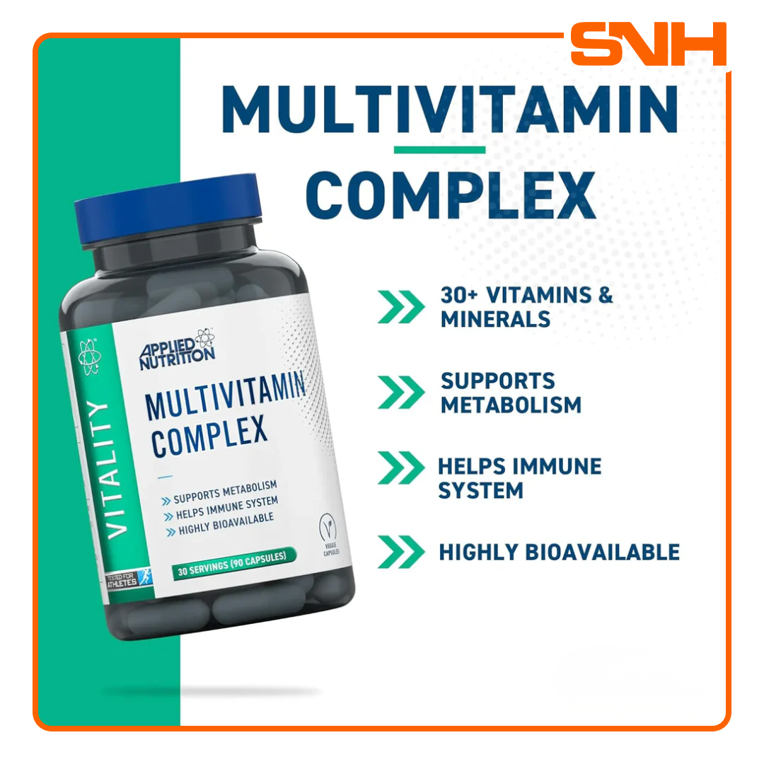 Applied Nutrition Multi-Vitamin Complex tablets bottle, UK-made halal daily multi-vitamin with 30+ vitamins, minerals, probiotics, and antioxidants