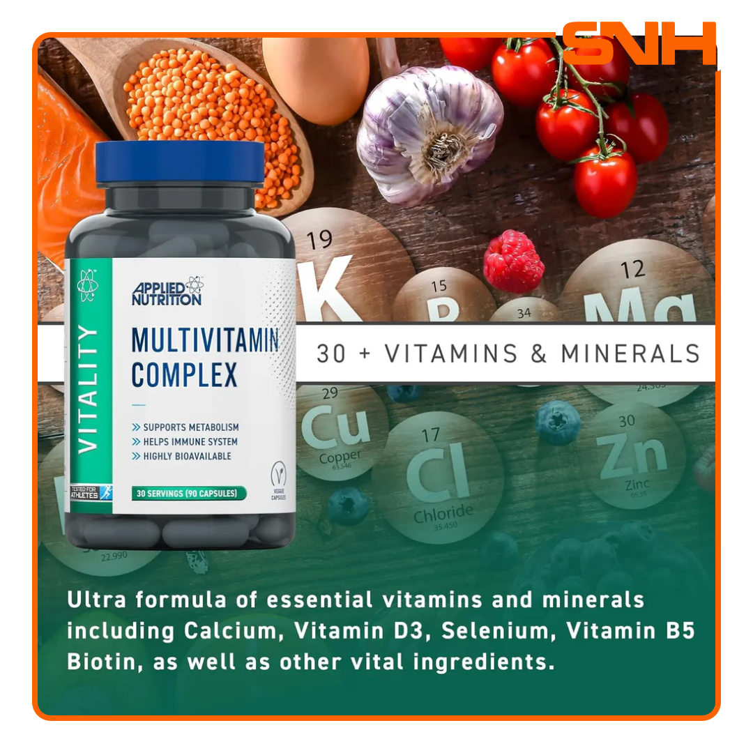 Applied Nutrition Multi-Vitamin Complex tablets bottle, UK-made halal daily multi-vitamin with 30+ vitamins, minerals, probiotics, and antioxidants