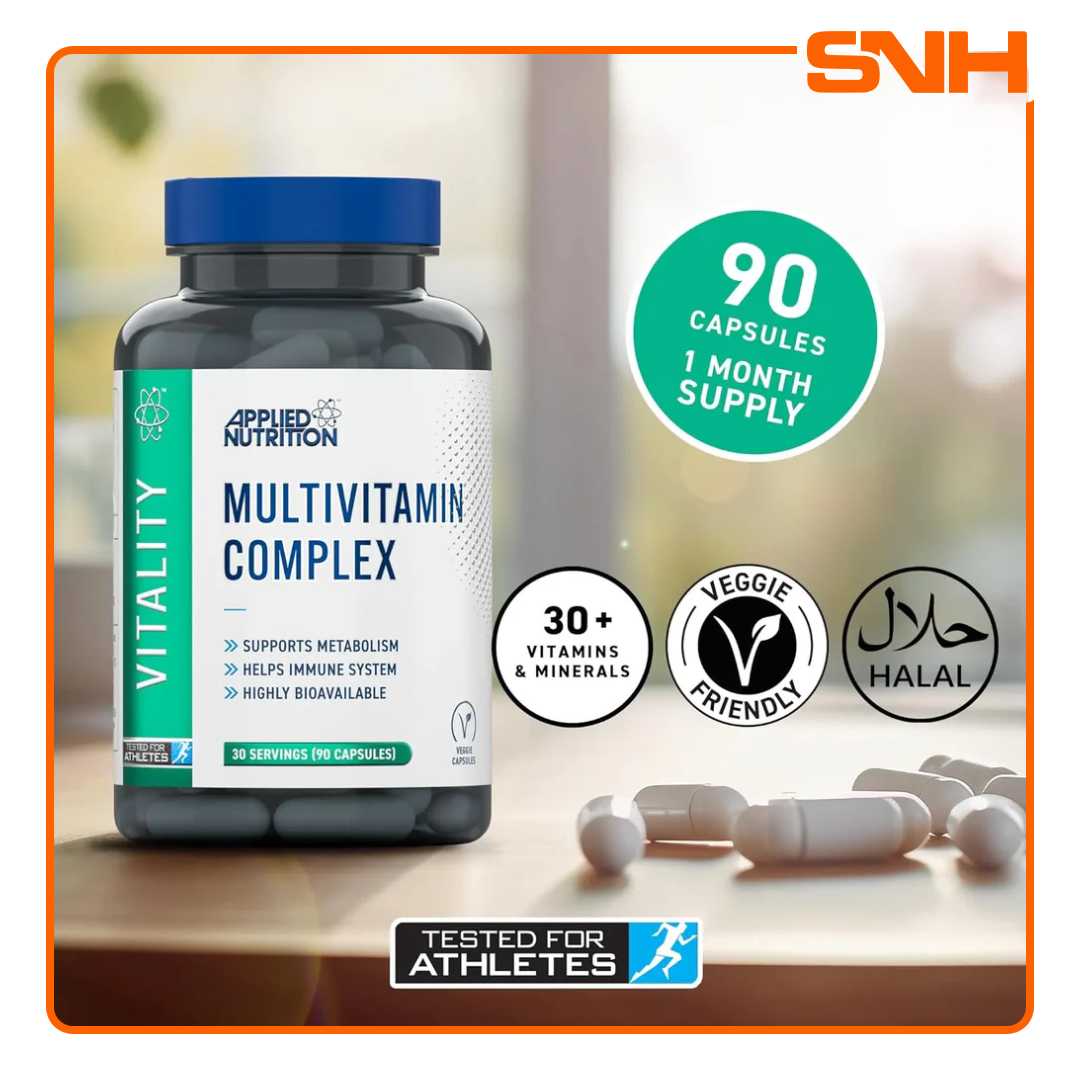 Applied Nutrition Multi-Vitamin Complex tablets bottle, UK-made halal daily multi-vitamin with 30+ vitamins, minerals, probiotics, and antioxidants