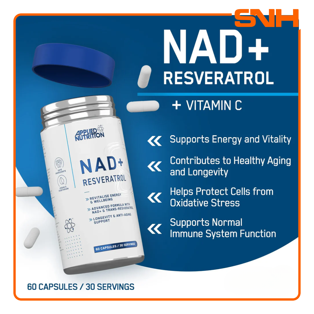 Applied Nutrition NAD+ Resveratrol capsules bottle, UK-made anti-aging supplement with 500mg NAD+, 500mg Resveratrol, and Vitamin C per serving