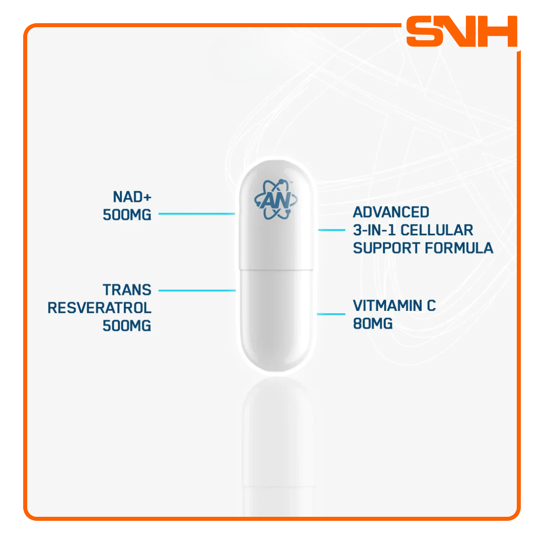 Applied Nutrition NAD+ Resveratrol capsules bottle, UK-made anti-aging supplement with 500mg NAD+, 500mg Resveratrol, and Vitamin C per serving