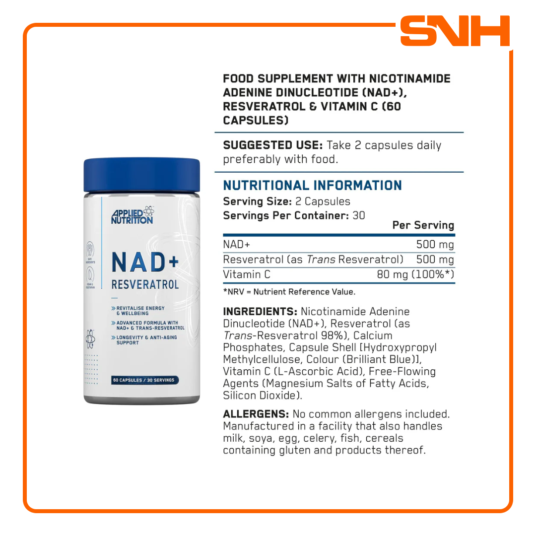 Applied Nutrition NAD+ Resveratrol capsules bottle, UK-made anti-aging supplement with 500mg NAD+, 500mg Resveratrol, and Vitamin C per serving