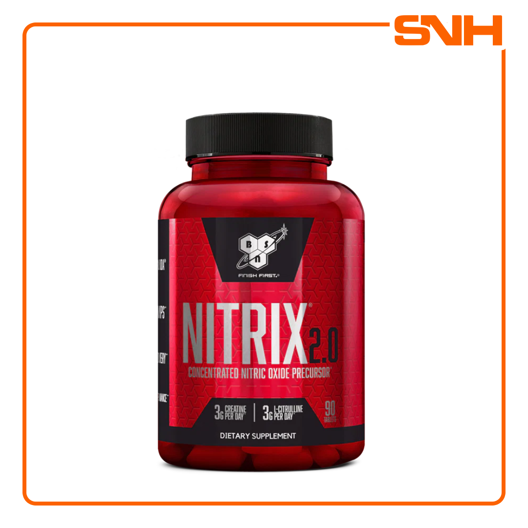 BSN Nitrix 2.0 stimulant-free pre workout tablets, US-made nitric oxide amplifier with 3g L-citrulline and 3g creatine per daily serving