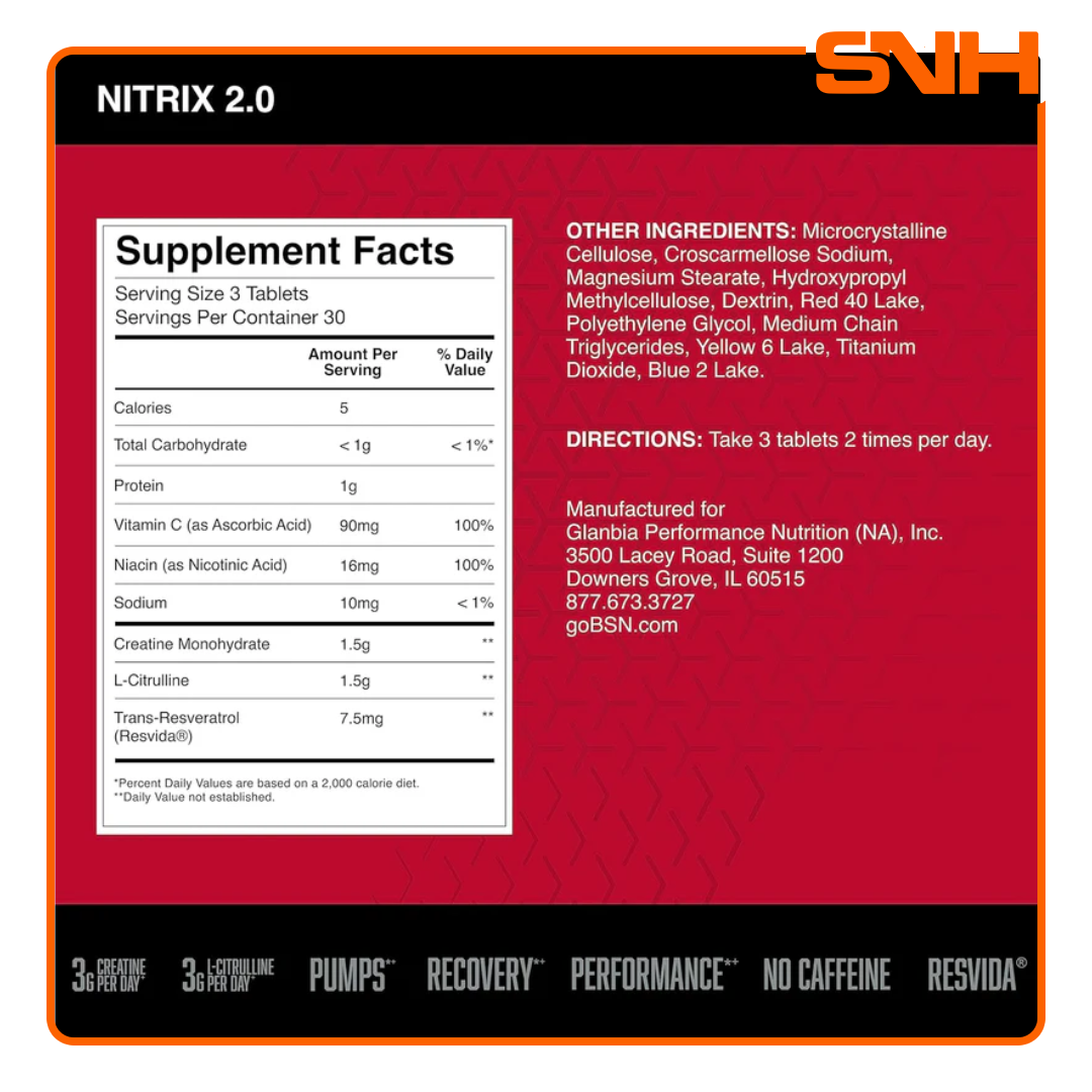 BSN Nitrix 2.0 stimulant-free pre workout tablets, US-made nitric oxide amplifier with 3g L-citrulline and 3g creatine per daily serving