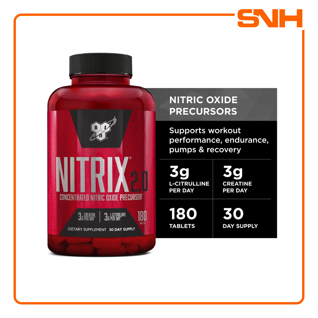 BSN Nitrix 2.0 stimulant-free pre workout tablets, US-made nitric oxide amplifier with 3g L-citrulline and 3g creatine per daily serving