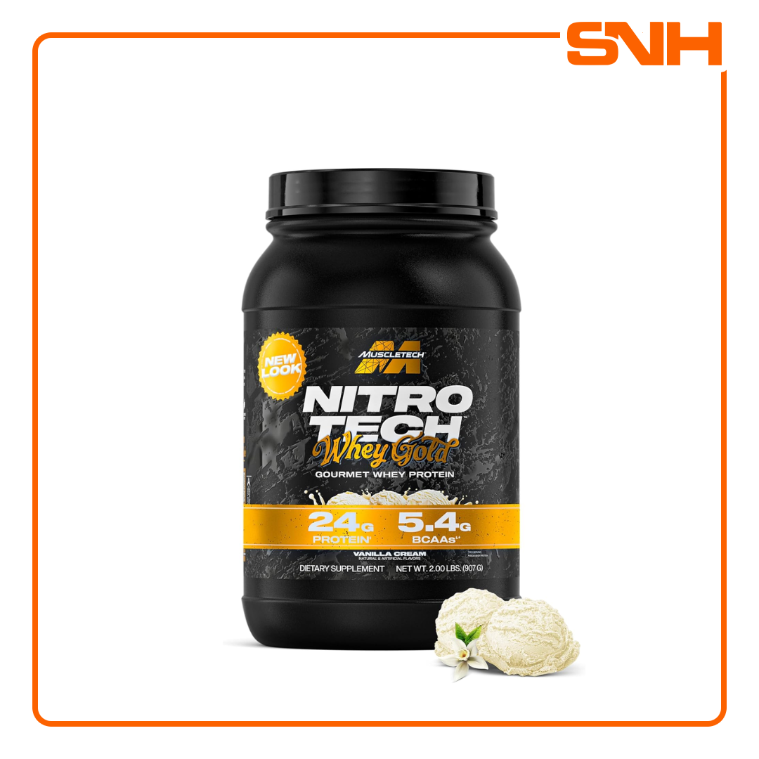 MuscleTech Nitro-Tech 100% Whey Gold 2lb tub, US-made daily whey protein with 24g whey peptides and isolate per scoop, gluten-free