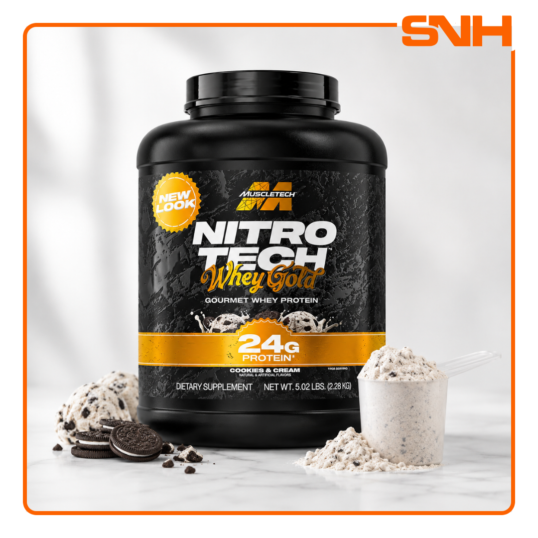 MuscleTech Nitro-Tech 100% Whey Gold 5lb tub, US-made daily whey protein with 24g whey peptides and isolate per scoop, gluten-free