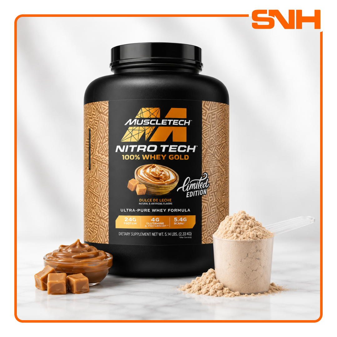 MuscleTech Nitro-Tech 100% Whey Gold 5lb tub, US-made daily whey protein with 24g whey peptides and isolate per scoop, gluten-free