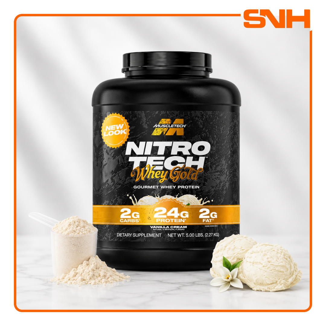 MuscleTech Nitro-Tech 100% Whey Gold 5lb tub, US-made daily whey protein with 24g whey peptides and isolate per scoop, gluten-free