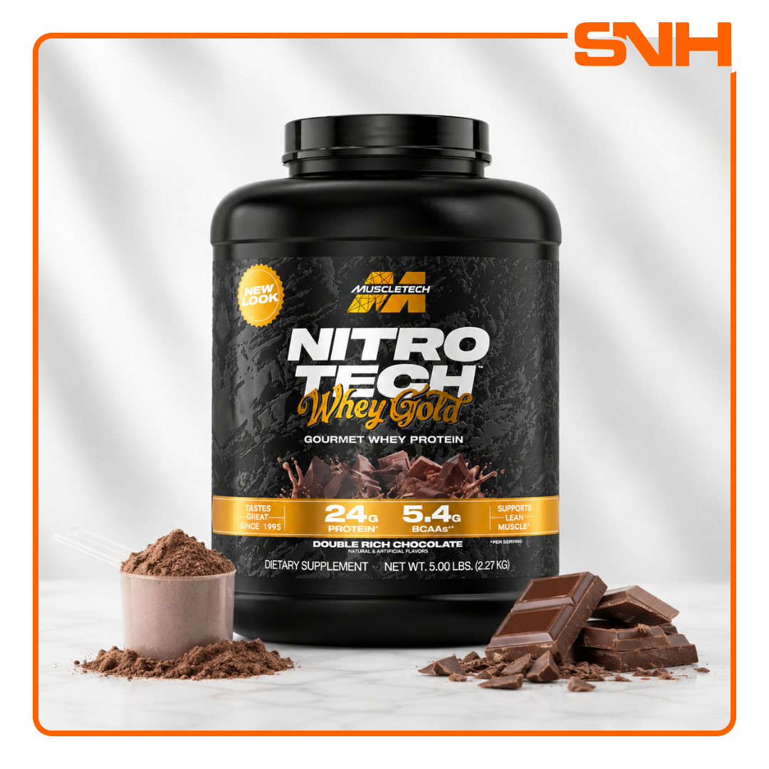 MuscleTech Nitro-Tech 100% Whey Gold 5lb tub, US-made daily whey protein with 24g whey peptides and isolate per scoop, gluten-free