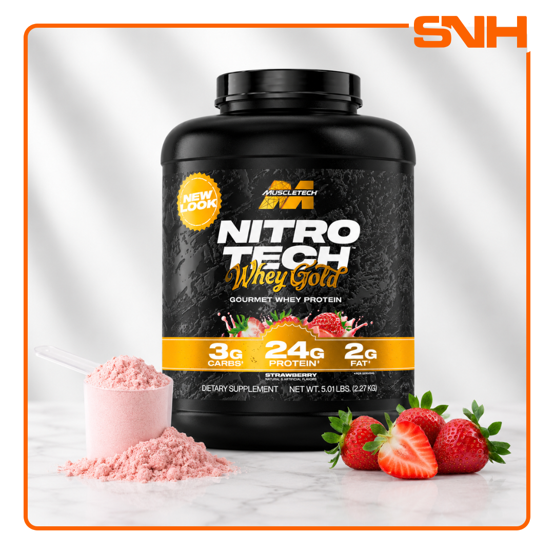 MuscleTech Nitro-Tech 100% Whey Gold 5lb tub, US-made daily whey protein with 24g whey peptides and isolate per scoop, gluten-free