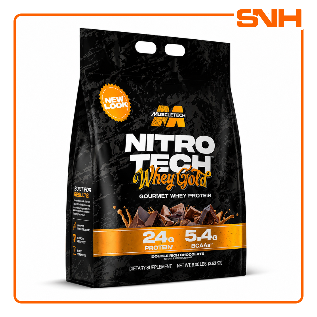 MuscleTech Nitro-Tech 100% Whey Gold 8lb tub, US-made bulk daily whey protein with 24g whey peptides and isolate per scoop, gluten-free
