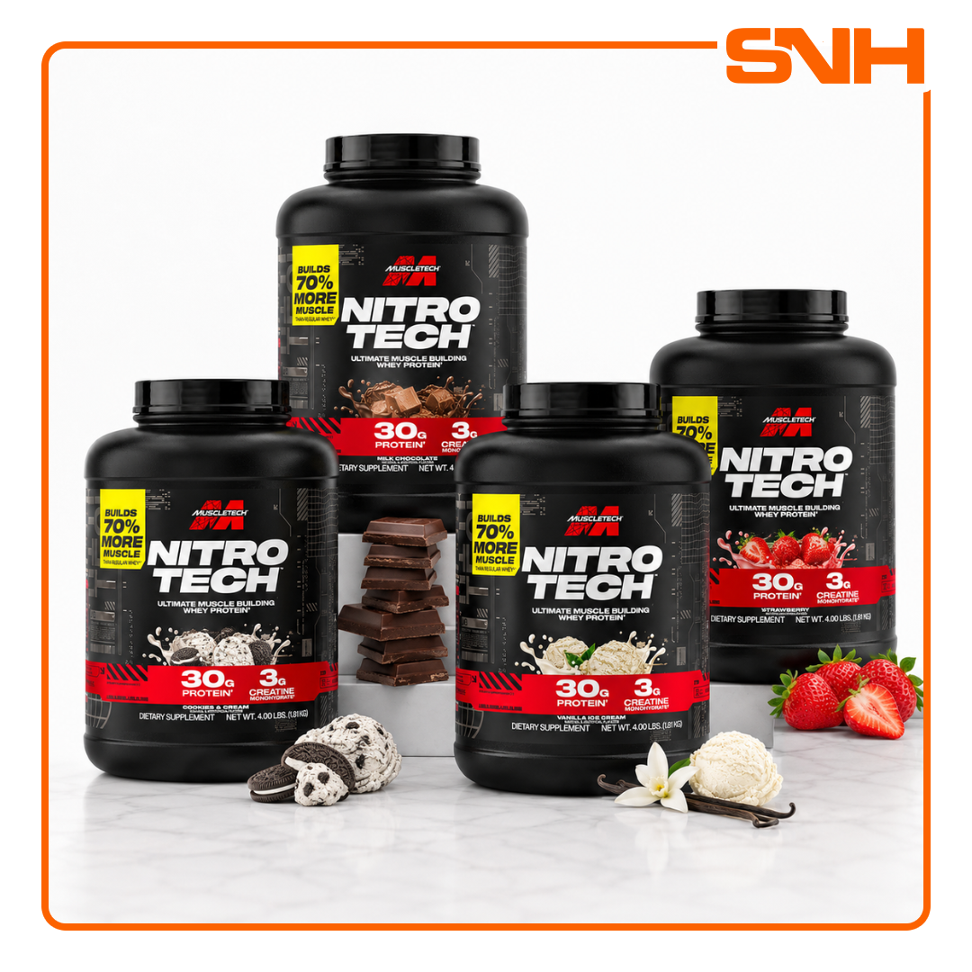 MuscleTech Nitro-Tech Whey Protein 4lb tub, US-made daily whey protein with 30g protein and 3g creatine monohydrate per scoop
