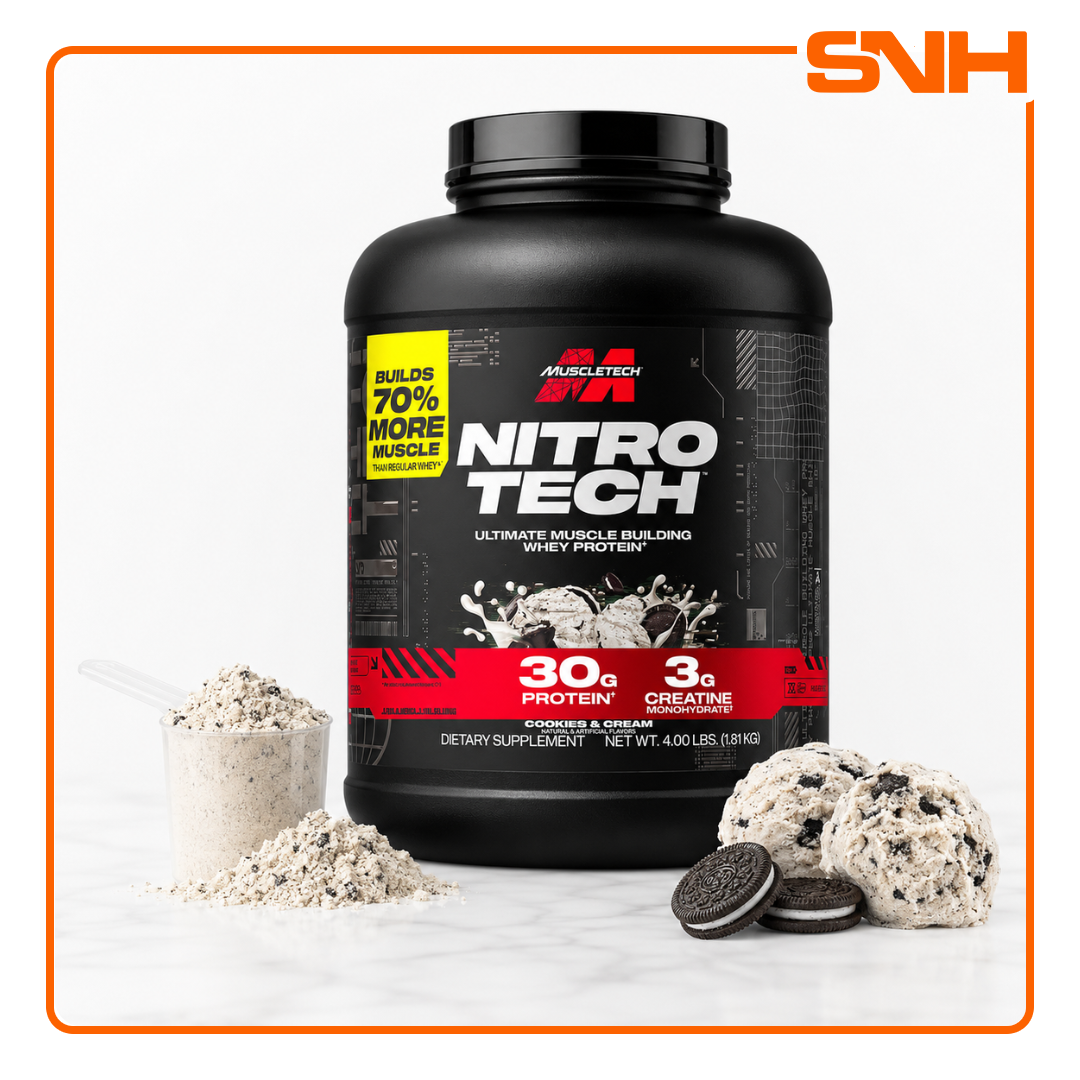 MuscleTech Nitro-Tech Whey Protein 4lb tub, US-made daily whey protein with 30g protein and 3g creatine monohydrate per scoop
