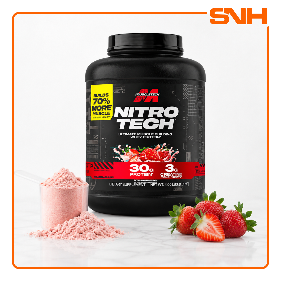 MuscleTech Nitro-Tech Whey Protein 4lb tub, US-made daily whey protein with 30g protein and 3g creatine monohydrate per scoop