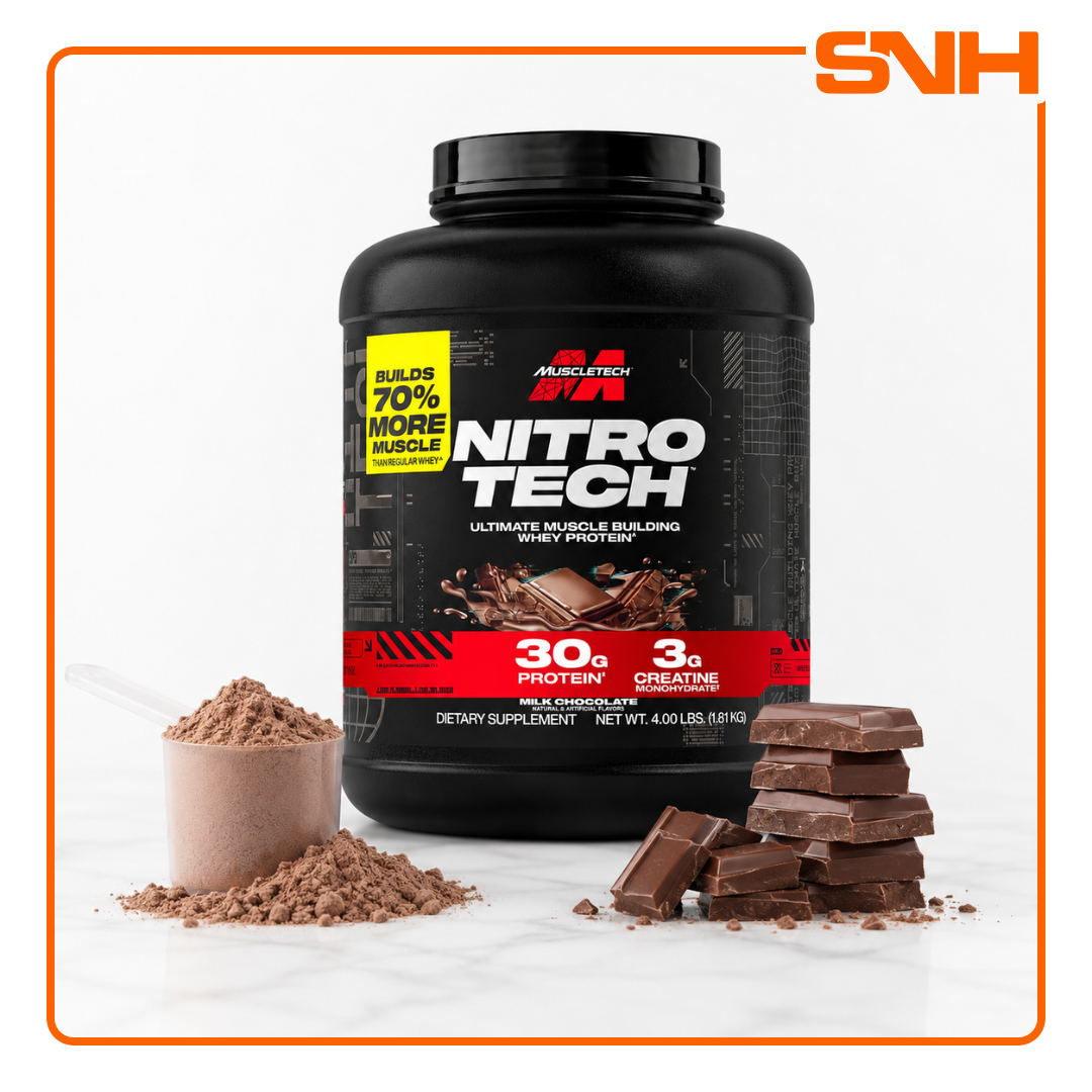 MuscleTech Nitro-Tech Whey Protein 4lb tub, US-made daily whey protein with 30g protein and 3g creatine monohydrate per scoop