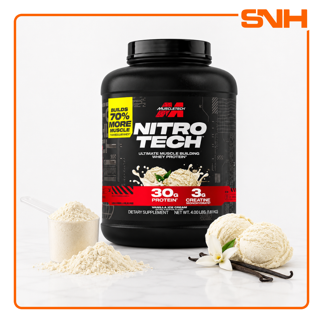 MuscleTech Nitro-Tech Whey Protein 4lb tub, US-made daily whey protein with 30g protein and 3g creatine monohydrate per scoop