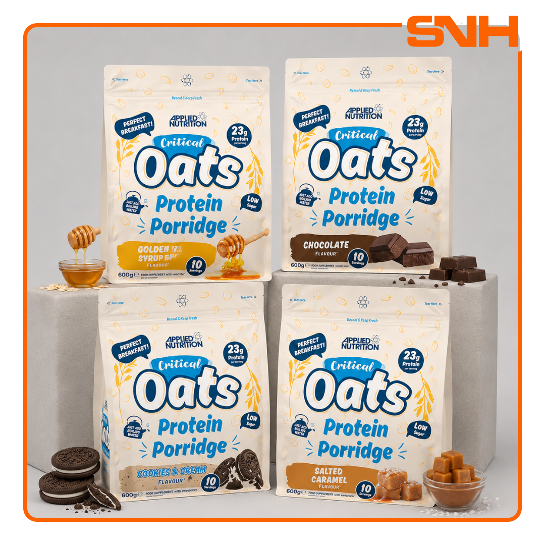 Applied Nutrition Critical Oats Protein Porridge 600g pouch, UK-made halal protein snack with organic oats, whey isolate, and 3g MCT per serving