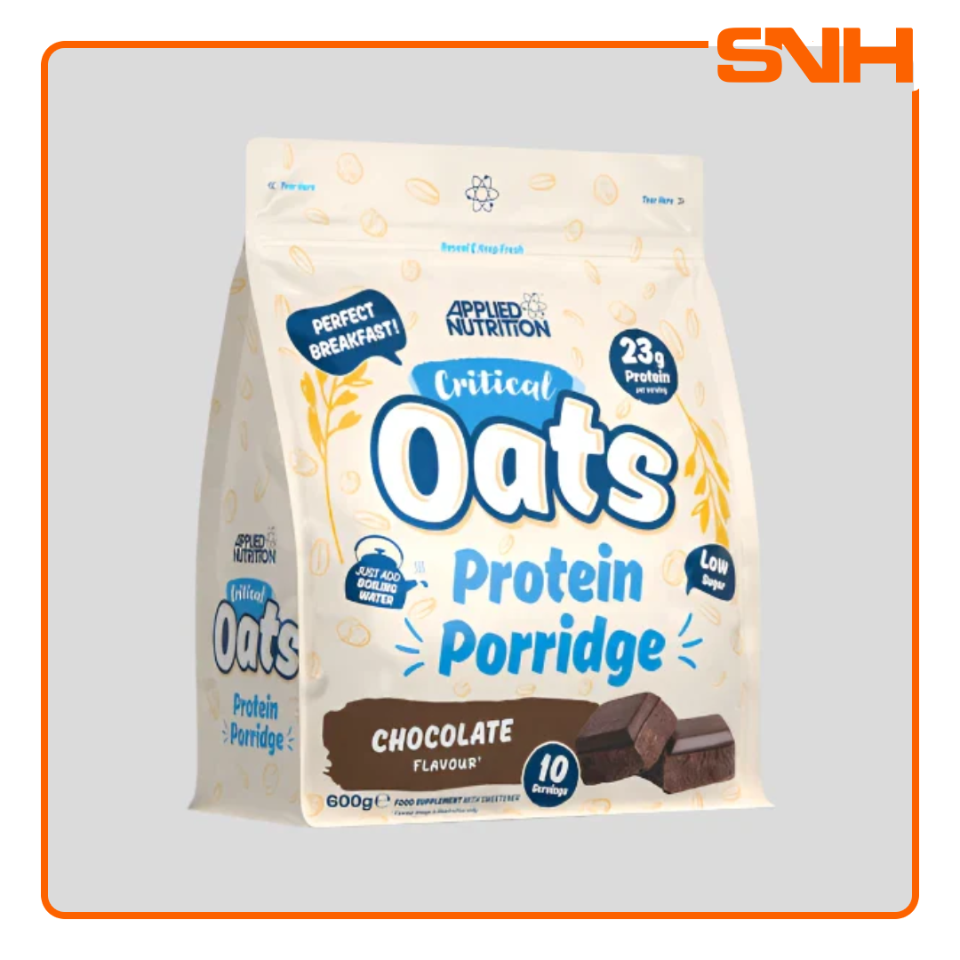 Applied Nutrition Critical Oats Protein Porridge 600g pouch, UK-made halal protein snack with organic oats, whey isolate, and 3g MCT per serving