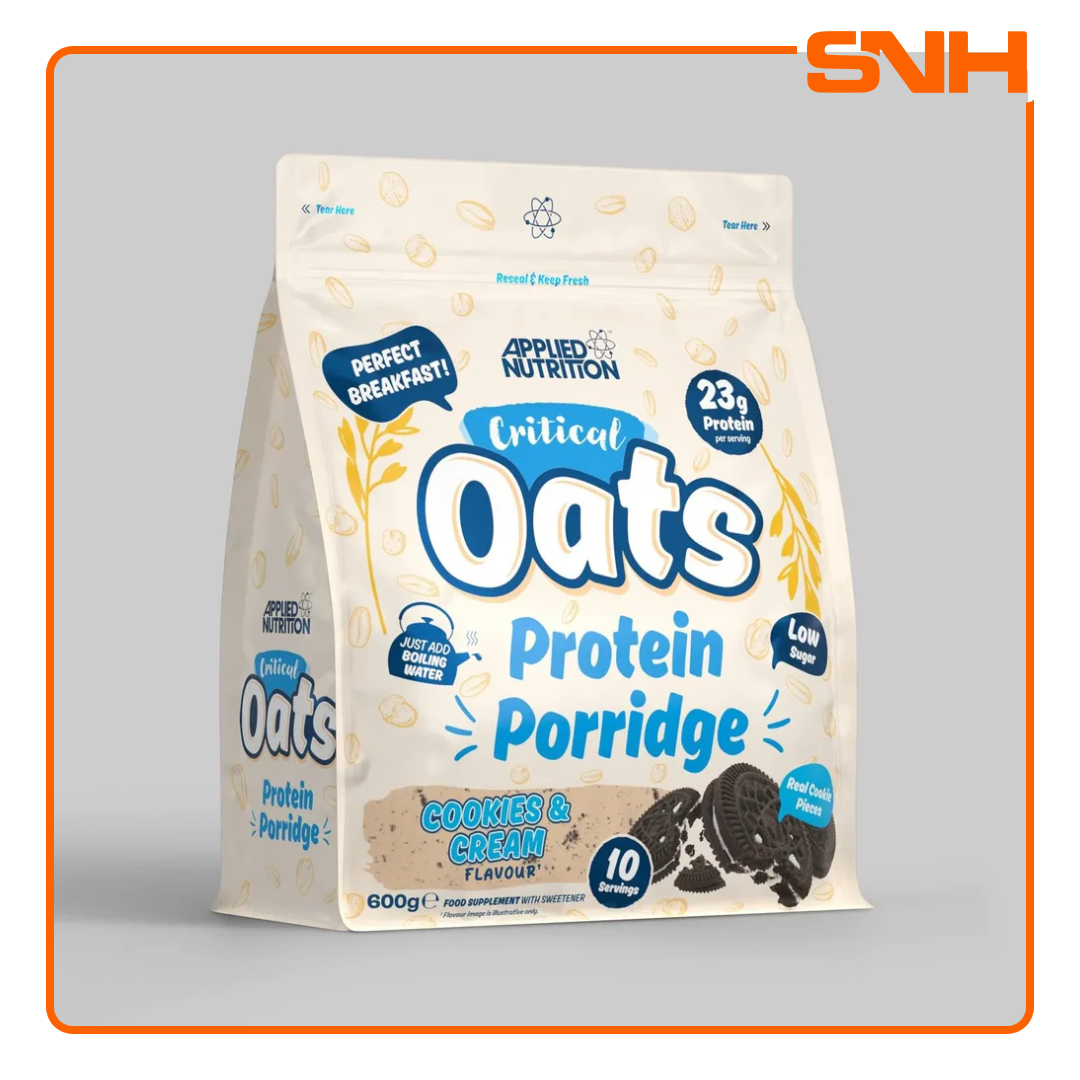 Applied Nutrition Critical Oats Protein Porridge 600g pouch, UK-made halal protein snack with organic oats, whey isolate, and 3g MCT per serving