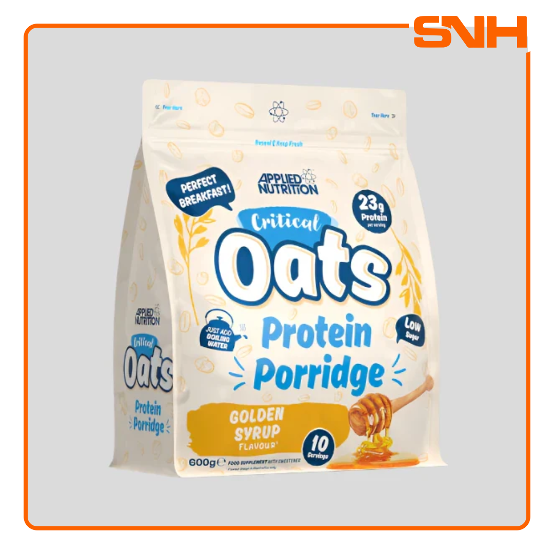 Applied Nutrition Critical Oats Protein Porridge 600g pouch, UK-made halal protein snack with organic oats, whey isolate, and 3g MCT per serving