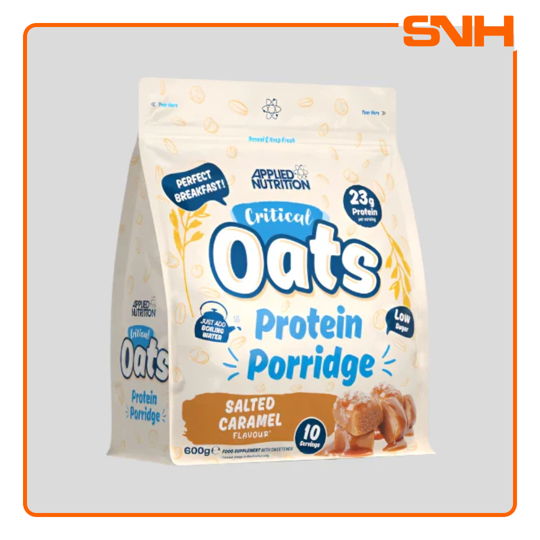 Applied Nutrition Critical Oats Protein Porridge 600g pouch, UK-made halal protein snack with organic oats, whey isolate, and 3g MCT per serving