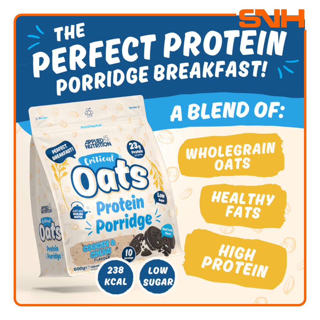 Applied Nutrition Critical Oats Protein Porridge 600g pouch, UK-made halal protein snack with organic oats, whey isolate, and 3g MCT per serving