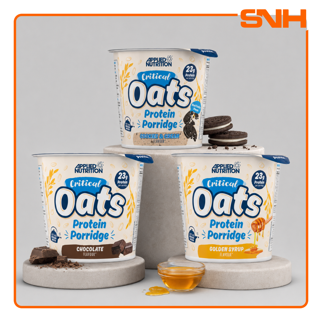 Applied Nutrition Critical Oats Protein Porridge Pot, UK-made halal protein snack with organic wholegrain oats, whey isolate, and 3g MCT per serving