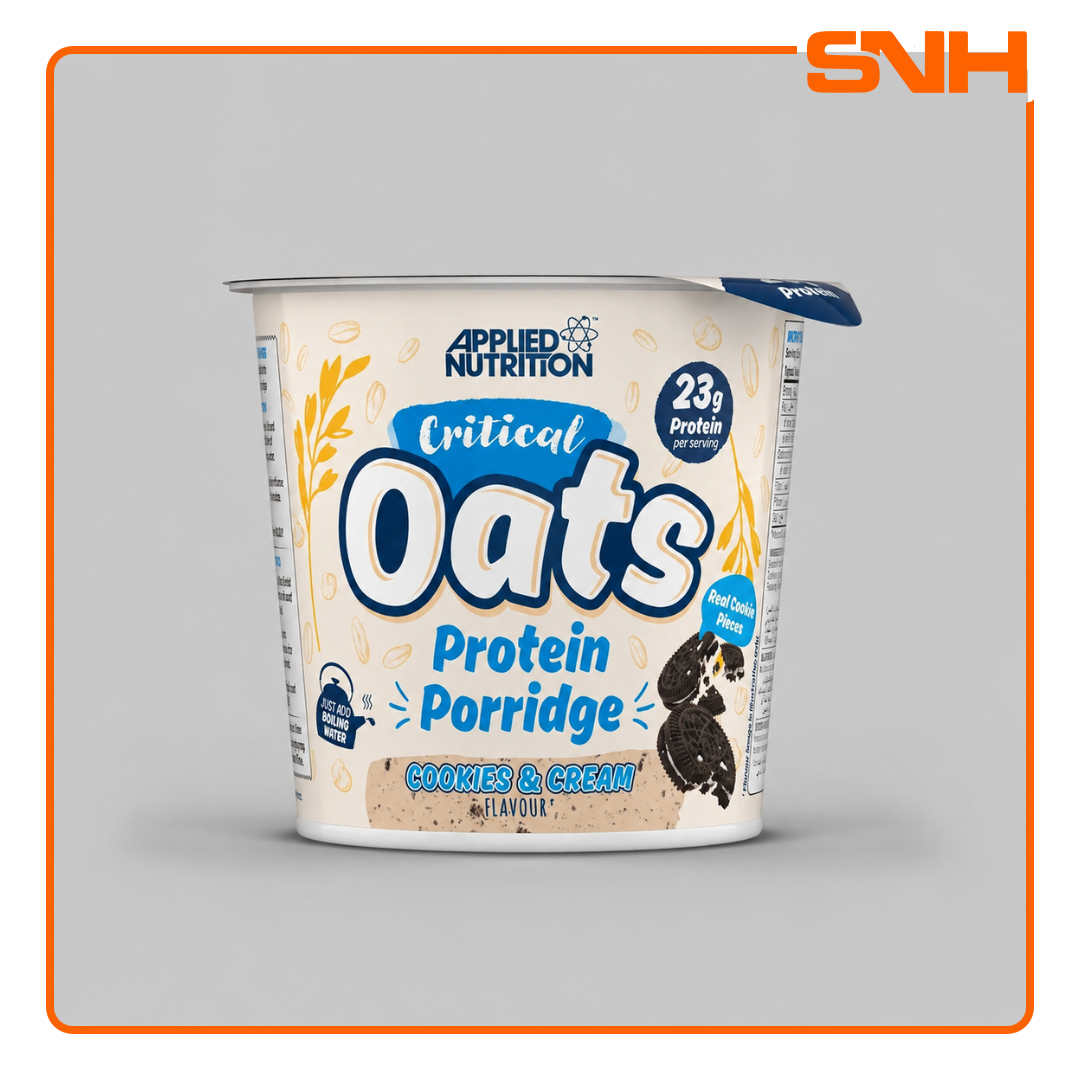 Applied Nutrition Critical Oats Protein Porridge Pot, UK-made halal protein snack with organic wholegrain oats, whey isolate, and 3g MCT per serving